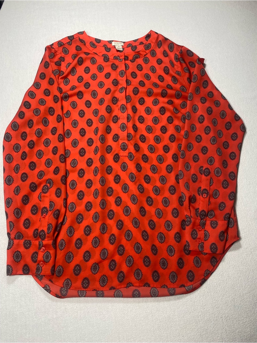 J. Crew Orange Henley Blouse with Black Paisley Medallions